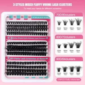 DIY lash cluster kit with 216pcs 70D 80D 90D mixed fluffy volume eyelashes set