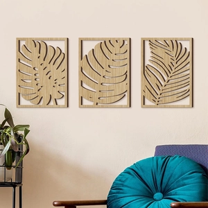 Set di 3 decorazioni da parete in legno intagliato a laser con motivi di foglie tropicali