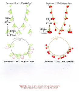 Detailed size specifications for acrylic cherry and leaf necklace, earring, and bracelet sets