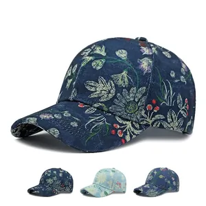 Dunkelblaue Baseballkappe mit Gänseblümchen-Print und gebogenem Schirm für Damen