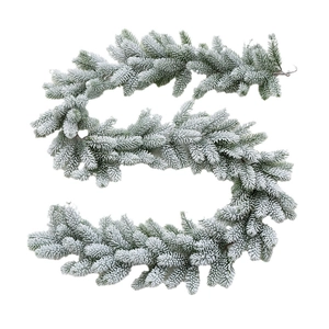 Green PE Christmas garland with white flocking snow and pine cones on white background