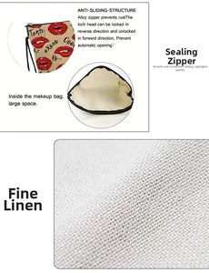 Linen makeup bag detail showing durable alloy zipper and spacious interior lining