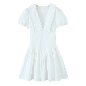 Vestito Mini Da Donna Bianco Manica Corta Maniche A Sbuffo Scollo A V Pizzo Colletto Peter Pan Pieghe Popeline Elegante
