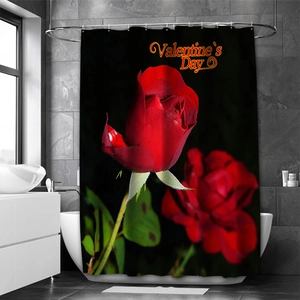 Close-up of heart theme shower curtain with red rose and Valentine's Day text print