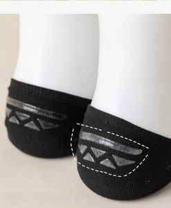 Detail of black invisible sock featuring a triangular silicone non-slip heel grip