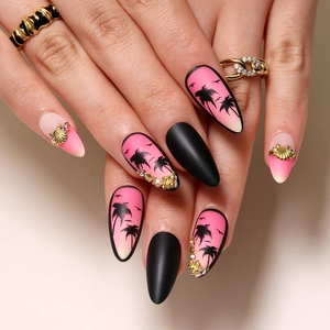 Tropical Palm Tree Press On Nails Almond Shape 3D Shell Rhinestone Matte Black Pink Gradient Artificial False Nails