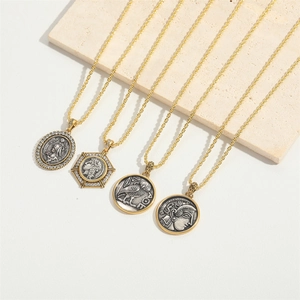 Ethnic vintage oval and geometric coin pendant necklaces with zircon inlay for women