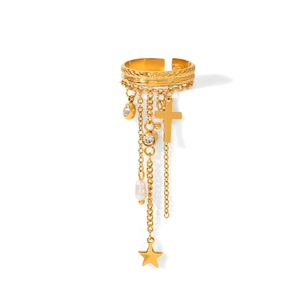 Golden star and cross zircon tassel ear cuff earring for women with pearl drops