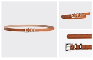Detailed views of women's slim orange-brown PU leather belt with silver square buckle