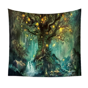 Fantasy forest tapestry featuring a glowing mystical tree and ethereal nature landscape