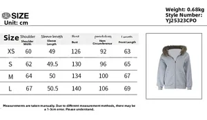 Tableau des tailles détaillé du sweat à capuche noir avec col en fourrure et les mesures