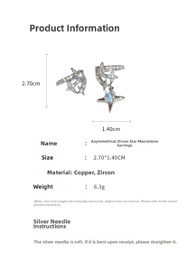 Detail view of asymmetric moonstone star ear clips with zircon and size specifications