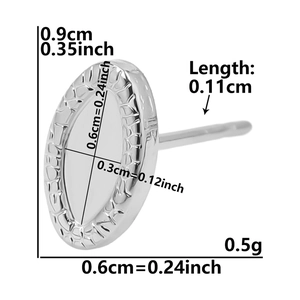 Detailed view of silver oval stud earring with textured edges and size measurements