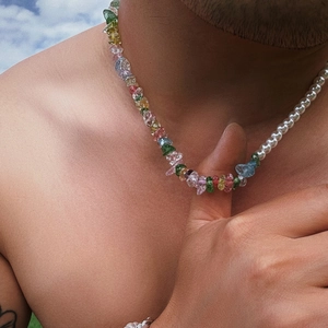 Mens hip hop necklace with colorful crystal chips and white pearls on model background