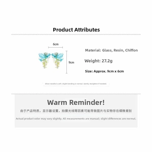 Detailed size and material chart for floral butterfly wing tassel drop earrings