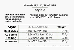 Detailed size and weight specification table for Christmas resin musical ornaments