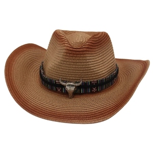 Chapeau de cowboy en paille dégradé marron avec ruban ethnique et tête de taureau argent