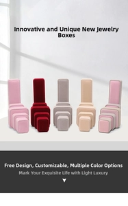 Various velvet jewelry boxes in pink, burgundy, and gray shown in a product set layout