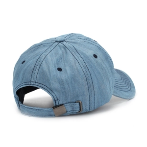 Back view of light blue denim baseball cap with metal buckle and stitch detailing