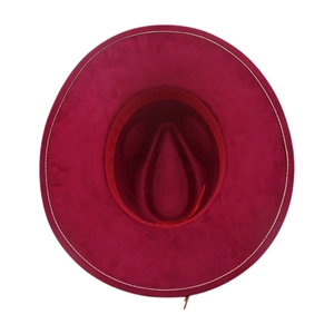 Top view of deep red wide brim fedora hat with elegant white contrast stitching detail