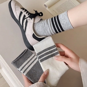 Women Mid Calf Crew Socks Combed Cotton Ribbed Striped Breathable Casual Preppy Style Soft Athletic Hosiery