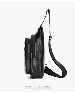 Side view of men's leather chest bag featuring three zippers and tricolor stripe detail
