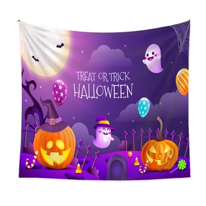Detail of Halloween tapestry with purple trick or treat design, pumpkins and ghosts