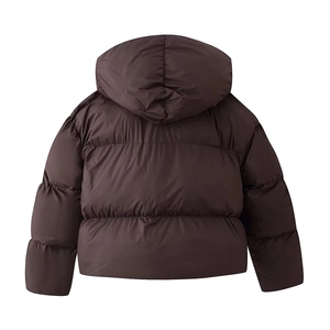 Winter dark brown hooded puffer jacket for women with removable scarf, back view display