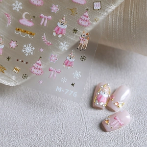 Pink Christmas embossed nail stickers with snowflakes, bears and reindeer patterns
