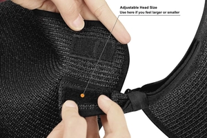 Dettaglio della chiusura a strappo regolabile sul cappello di paglia nero da sole