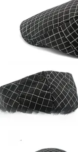 Detail of black and white checkered flat cap with adjustable bronze metal buckle back