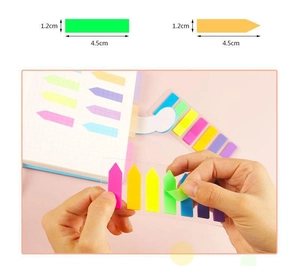 Detail of multi-color PET index tabs showing 1.2x4.5cm rectangular and arrow shapes