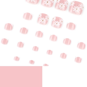 Pink and white french press-on toenails with daisy flower patterns and gold accents