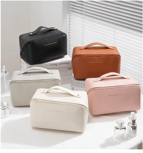 Vertical striped cosmetic bags in multiple colors with high-capacity and metal zippers
