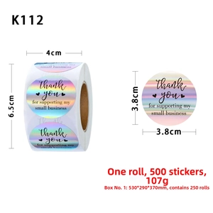 Detail of 3.8cm holographic rainbow thank you labels showing roll size and sticker dimensions