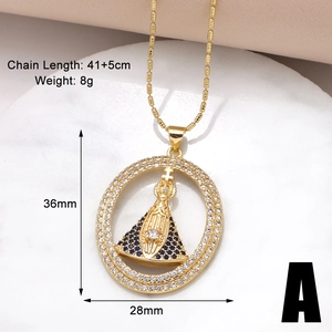 Detail of gold necklace with Virgin Mary pendant, blue stones, 41+5cm chain and 8g weight