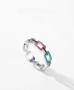 Detail of S925 sterling silver chain ring featuring vibrant colorful enamel links