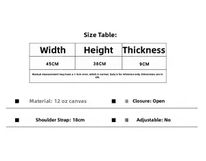 Detailed size guide table for canvas tote bag with 45cm width and 12oz canvas material