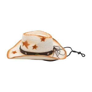 Détail du chapeau de paille de cowboy avec rivets turquoise et ruban décoratif en cuir