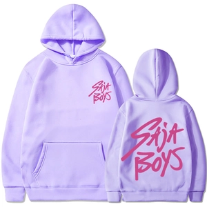 Sweat à capuche lilas avec imprimé SAJA BOYS rose sur le devant et le dos en coton