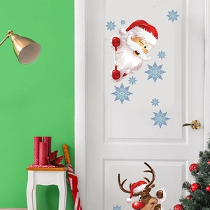 Autocollants Muraux Noël Père Noël Renne PVC Auto-Adhésif Dessin Animé Décoration Fond Fenêtre Porte Festive