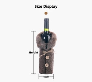 Detail of Christmas wine bottle cover with brown herringbone fabric and faux fur collar