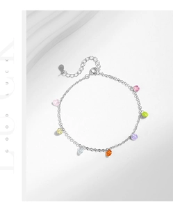 Close-up of S925 sterling silver bracelet with seven colorful zircon charms and S925 stamp