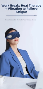 Smart eye massager with heat and vibration mode shown on a professional woman at work
