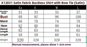 Tabella taglie dettagliata per camicia in raso con fiocco e schiena scoperta XS-L