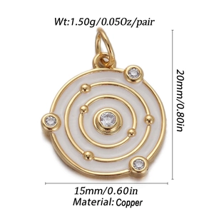 Detail view of gold copper evil eye pendant with 20mm height and 1.50g weight specs