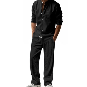 Set coordinato uomo in lino nero con camicia a maniche lunghe e pantaloni con coulisse