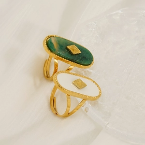 French vintage style adjustable gold rings with green marble and white shell oval stones