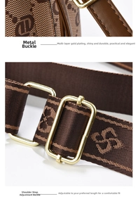 Close-up of gold-plated metal hardware and adjustable wide webbed shoulder strap of bucket bag
