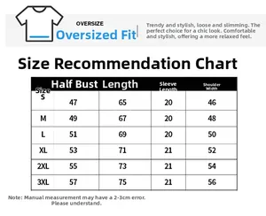 Size chart for oversized unisex printed t-shirts including bust and length measurements